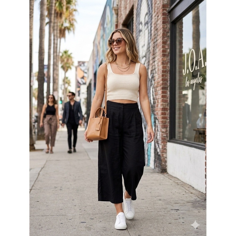 JOA Los Angeles Black Linen Blend Wide Leg Culottes Cropped Pants KR1261 Mens M